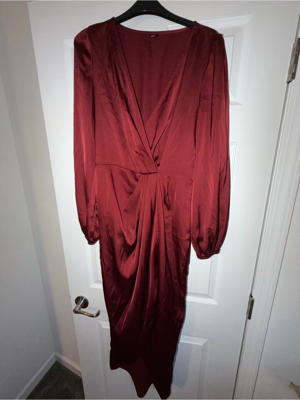 SHEIN Long Sleeve Burgundy Satin Wrap-Style Dress